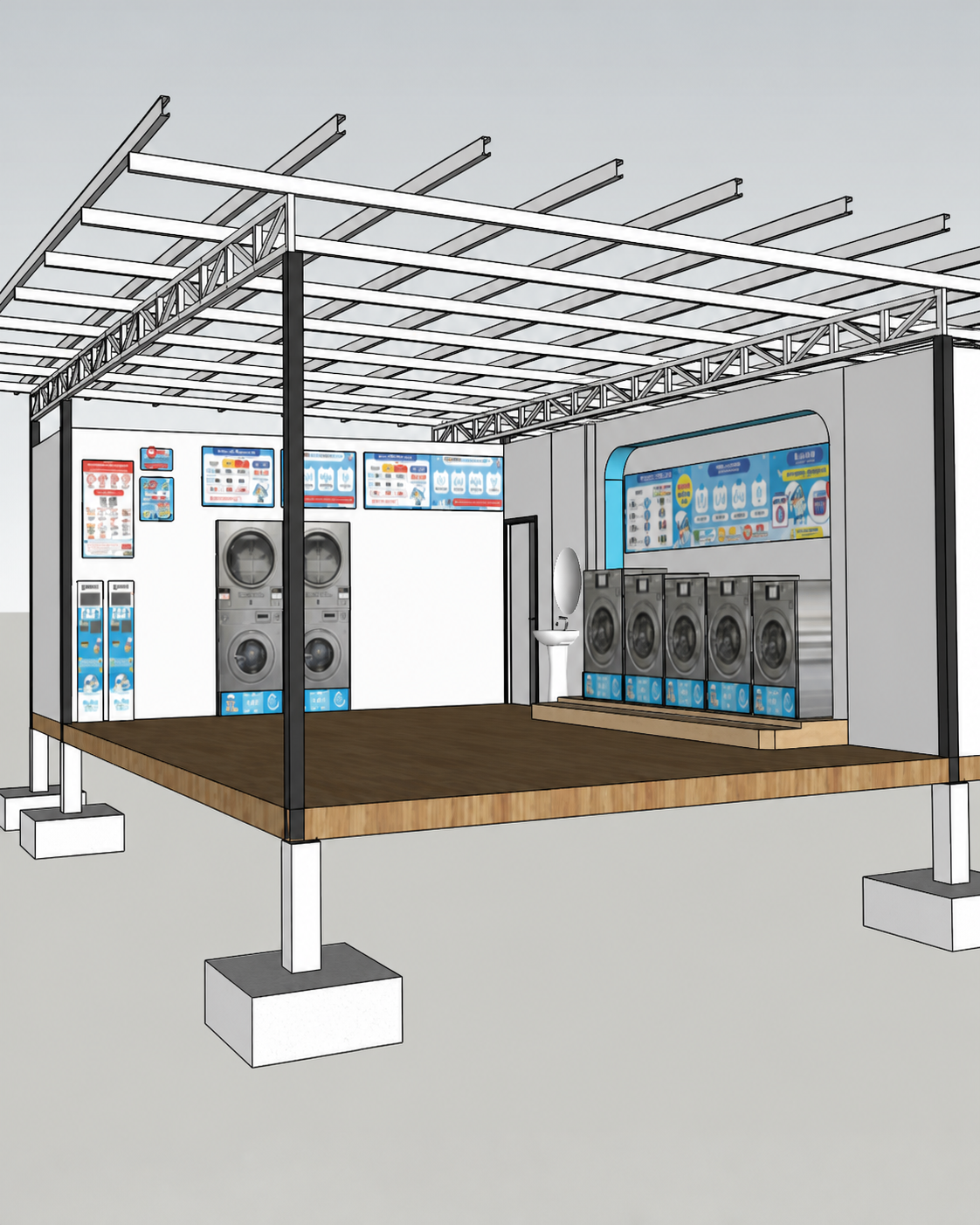 แบบจำลอง SketchUp แสดงโครงสร้างและผังเครื่องภายในร้าน